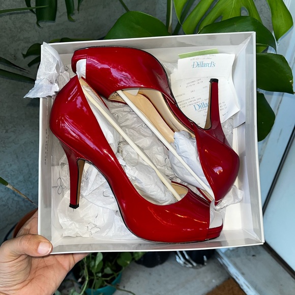 Bright Red Jessica Simpson Peep-Toe Heels - Picture 2 of 7